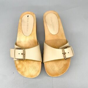 Ulla Johnson Womens 37 7 Mule Slide Sandals  Cream Leather Buckle Wood Platform